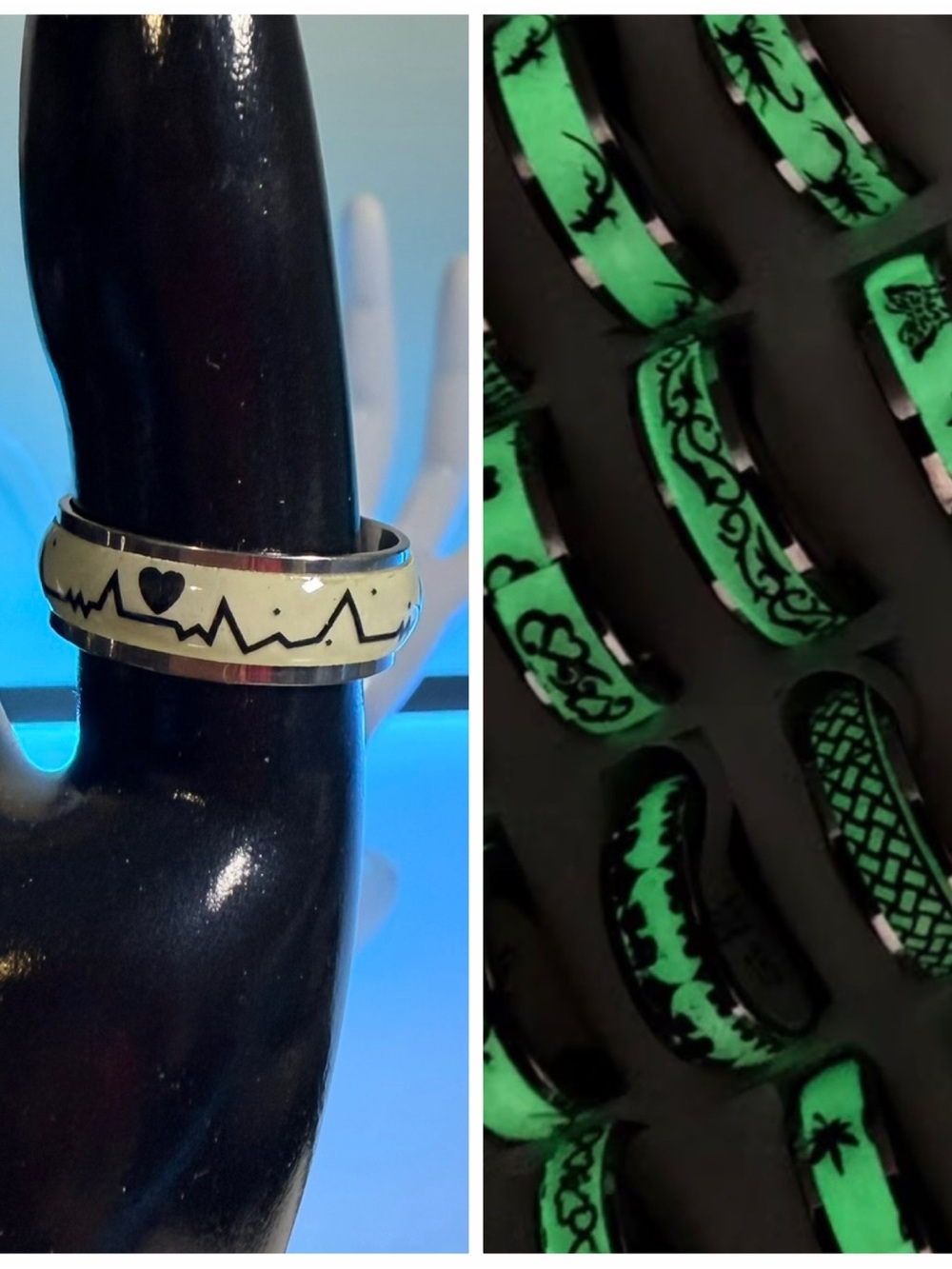 Glow-In-The-Dark Stainless Steel Heart Beat Love Patterned White Inlay Ring Band